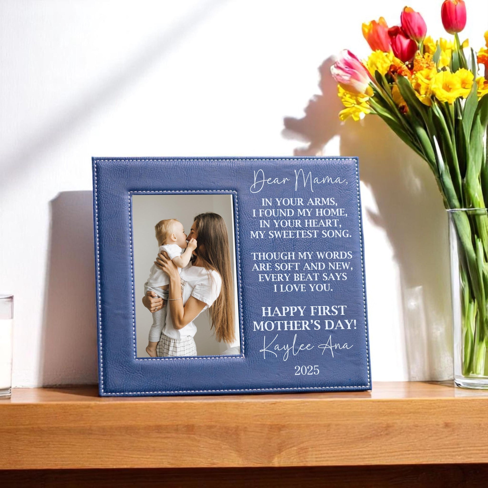 Personalized First Mothers Day Picture Frame - close-up of the custom engraving