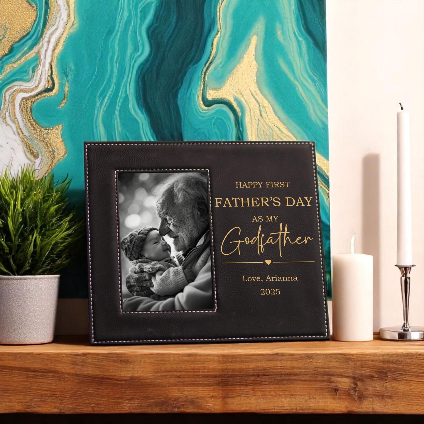 Personalized Godfather Frame Gift from Baby - close-up of the custom engraving