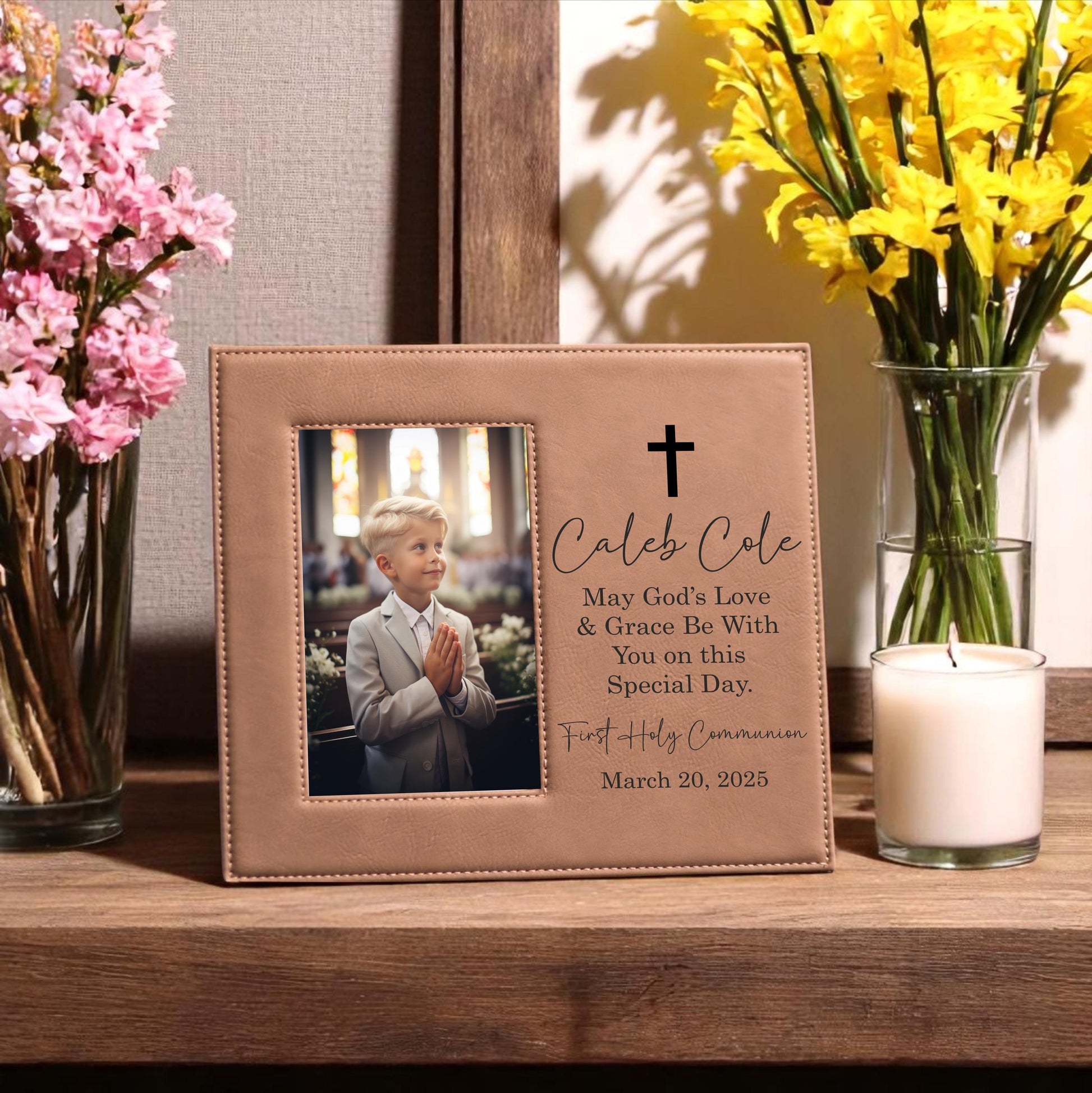 Personalized First Communion Picture Frame - close-up of the custom engraving