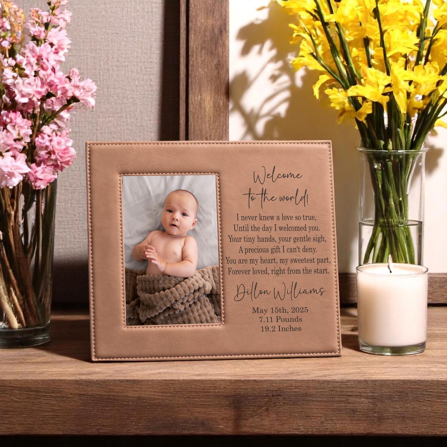 Personalized Baby Picture Frame - close-up of the custom engraving