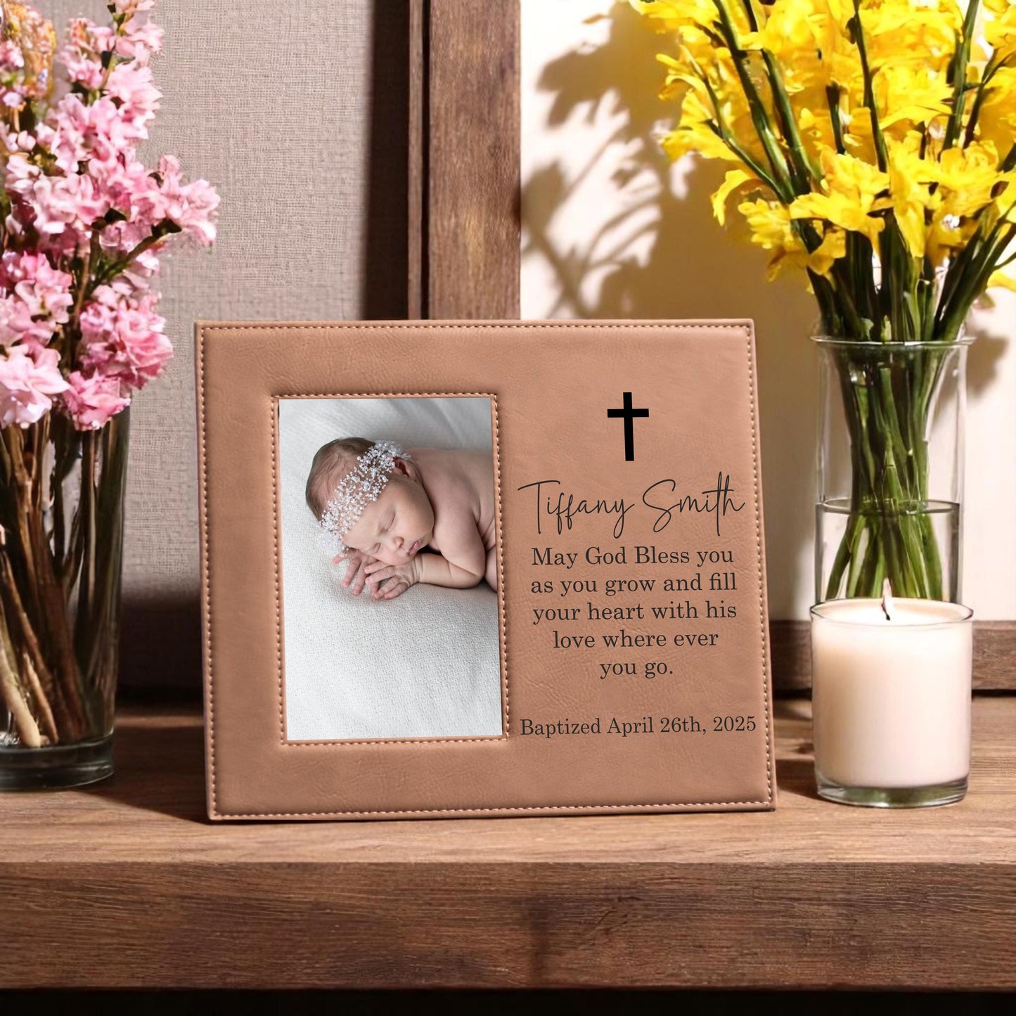 Personalized Baptism Picture Frame - close-up of the custom engraving