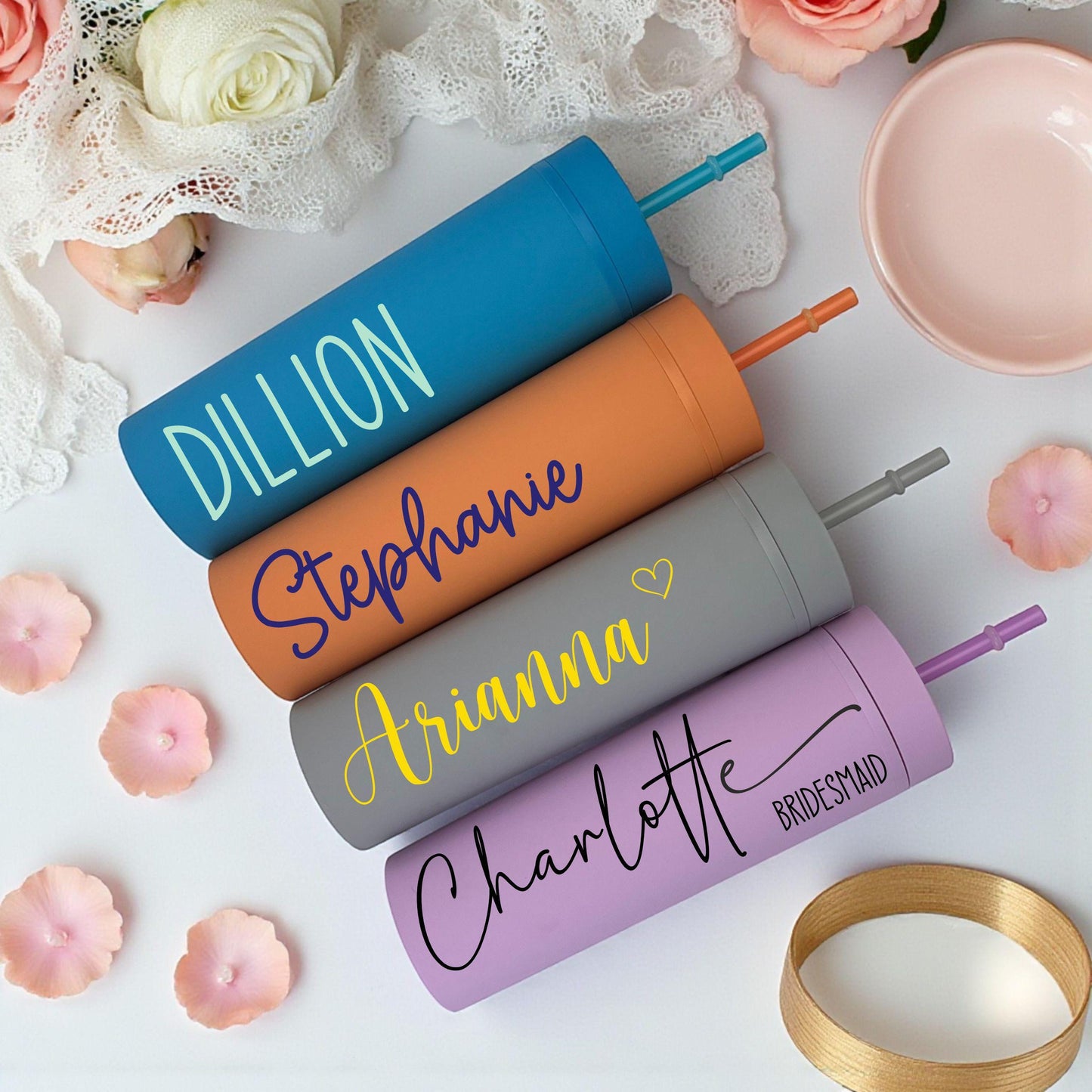 Personalized Bridesmaid Tumbler with Straw - color and style options