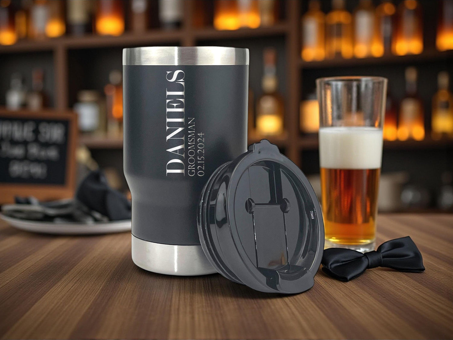 Groomsmen Can Cooler Holder • Groomsmen Gifts Personalized • Engraved - close-up of the custom engraving