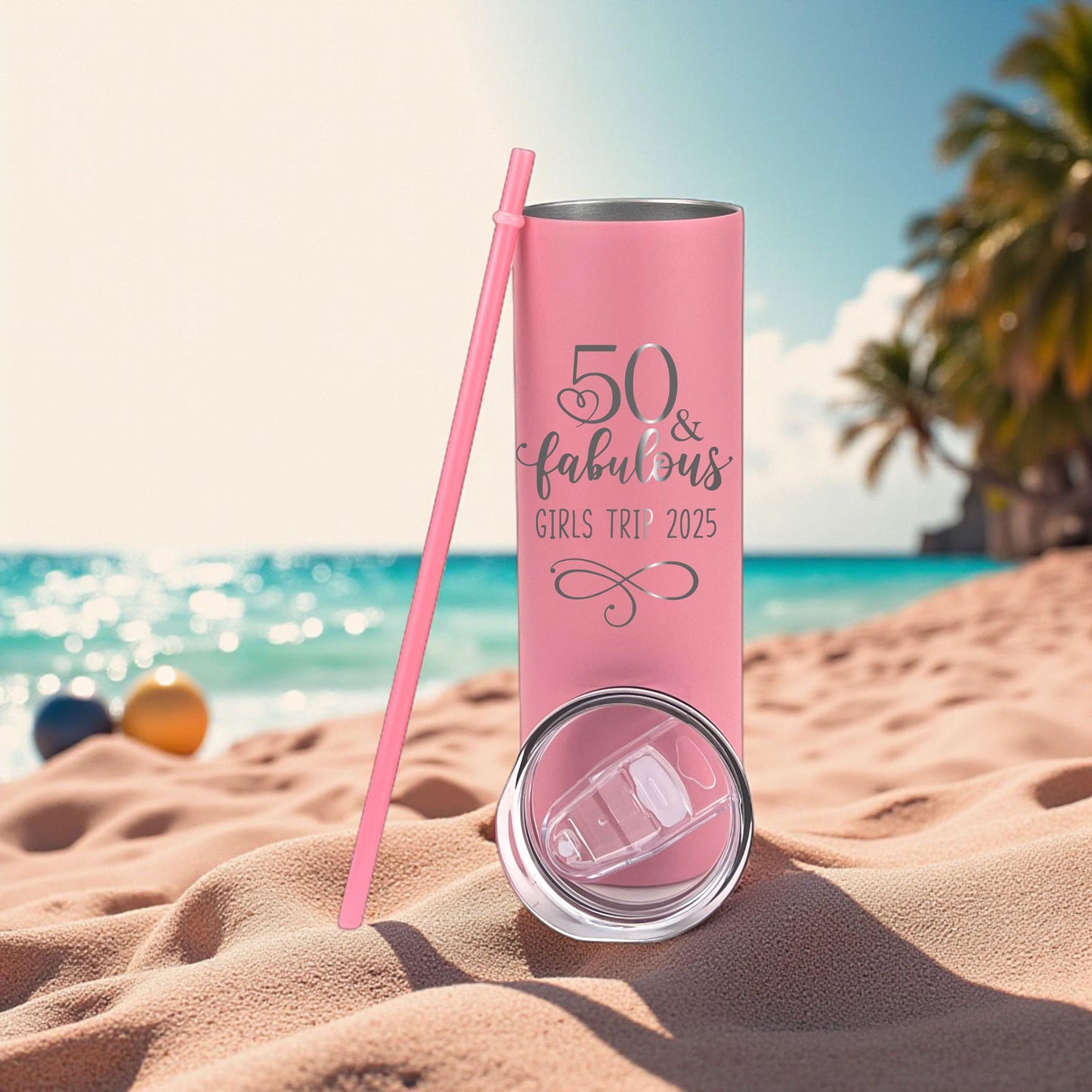 Custom “50 & Fabulous” Tumbler - close-up of the custom engraving