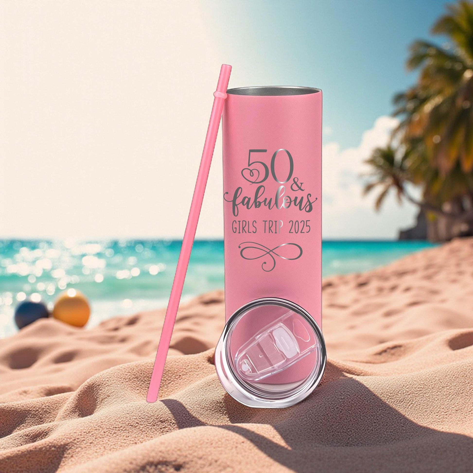 Custom “50 & Fabulous” Tumbler - close-up of the custom engraving
