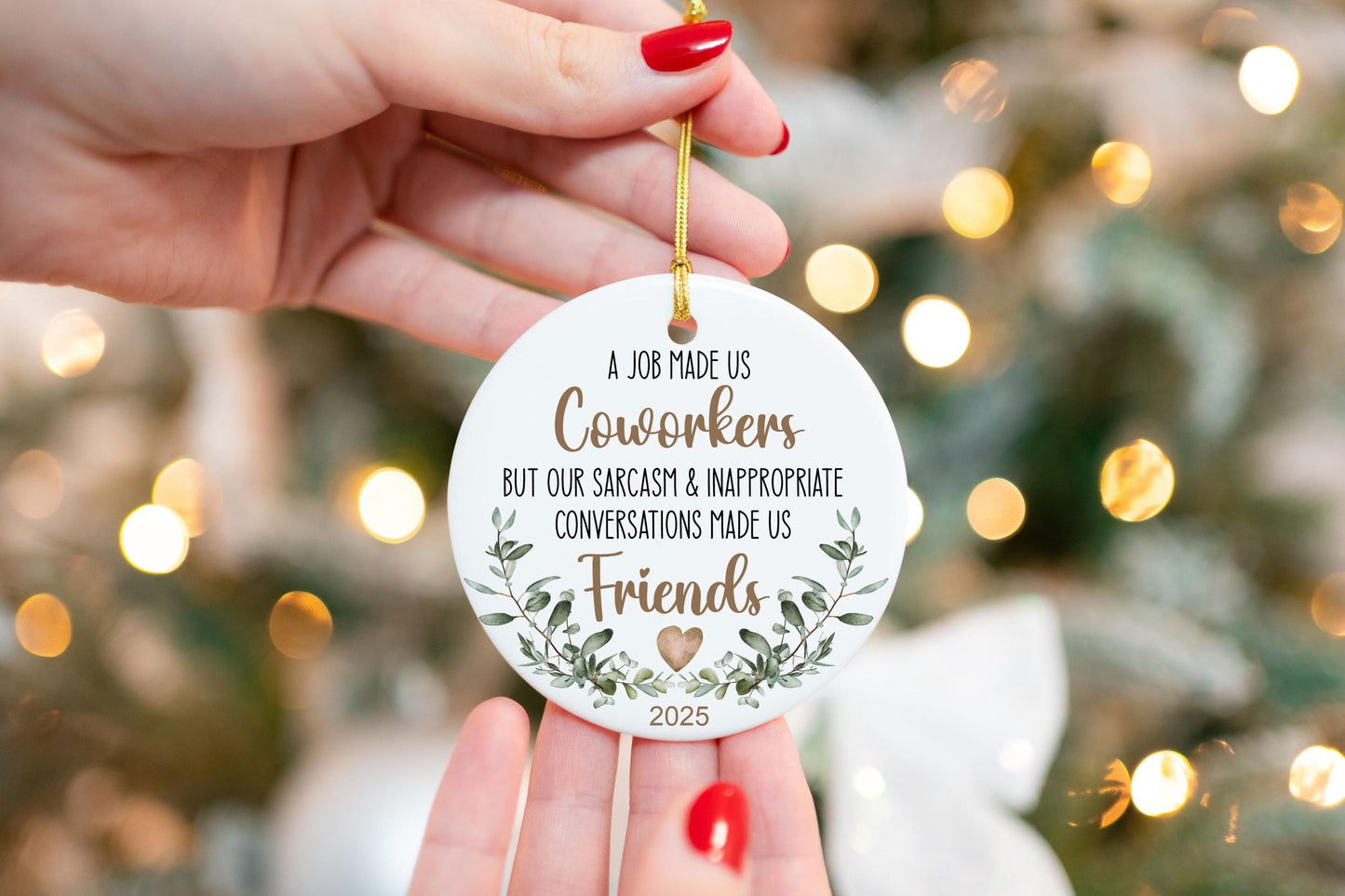 Coworker Christmas Ornament - close-up of the custom engraving