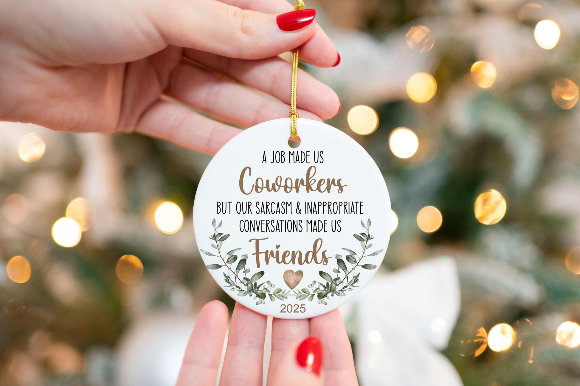 Coworker Christmas Ornament - close-up of the custom engraving