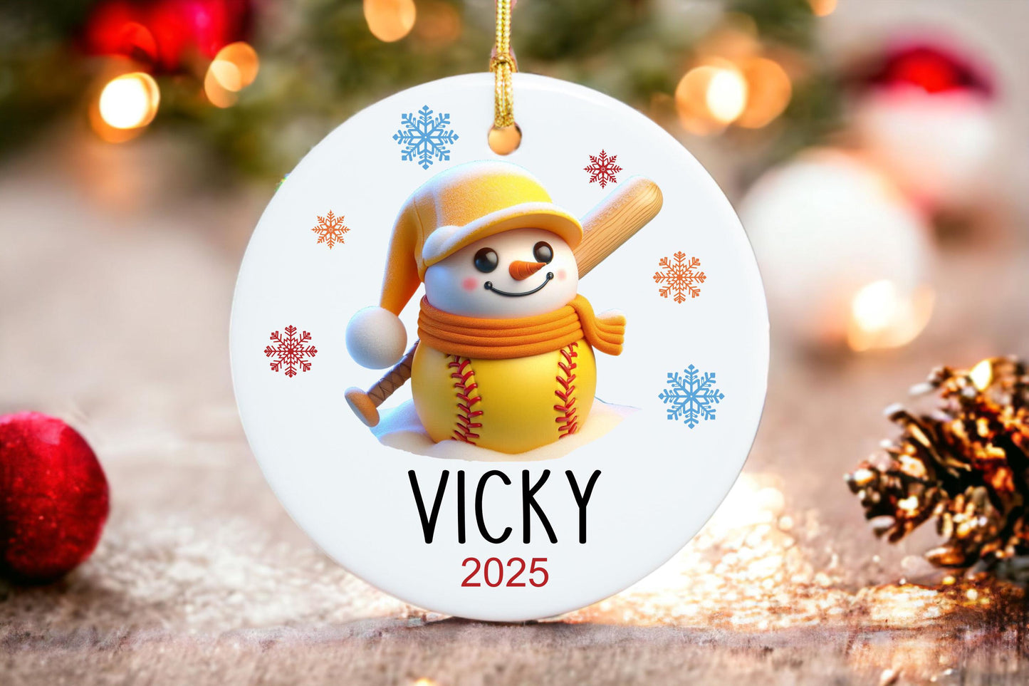 Personalized Softball Snowman Ornament - Ceramic Christmas Keepsake