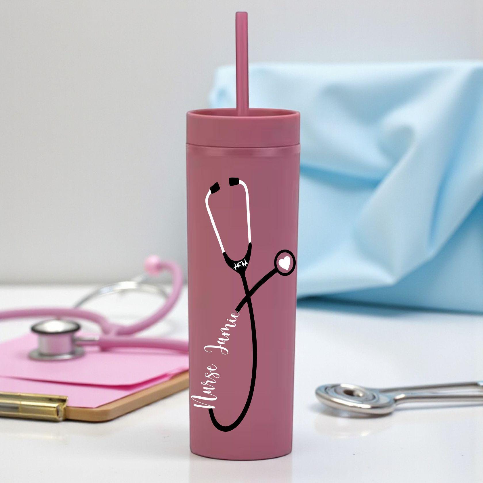 Custom Acrylic Tumbler Cup with Stethoscope and Name - close-up of the custom engraving