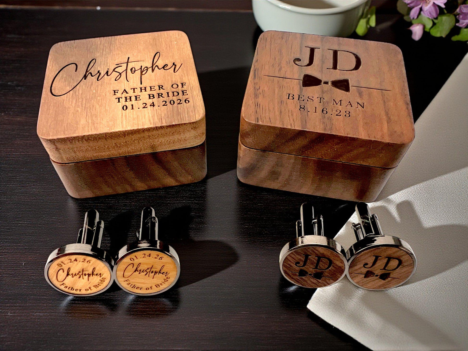 Personalized Wooden Cufflinks Box Set - personalization example