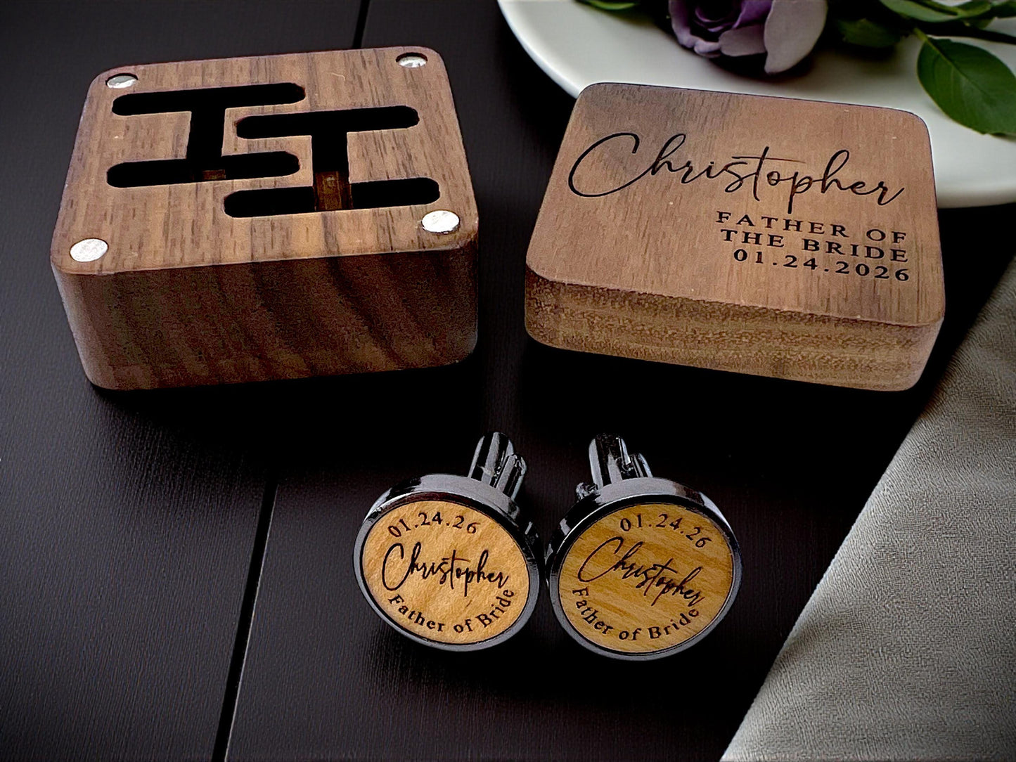 Personalized Wooden Cufflinks Box Set - color and style options