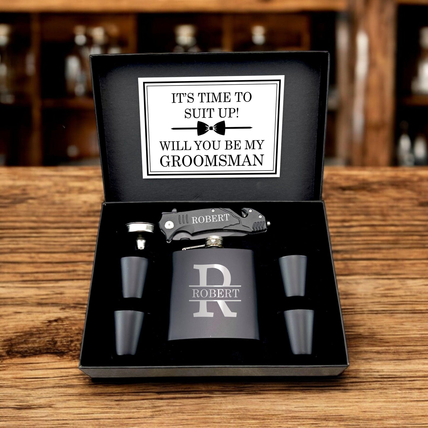 Groomsmen Proposal Gift Set, Personalized Flask set and Knife, Custom Gift Box for Best Man, Ushers & Groomsmen
