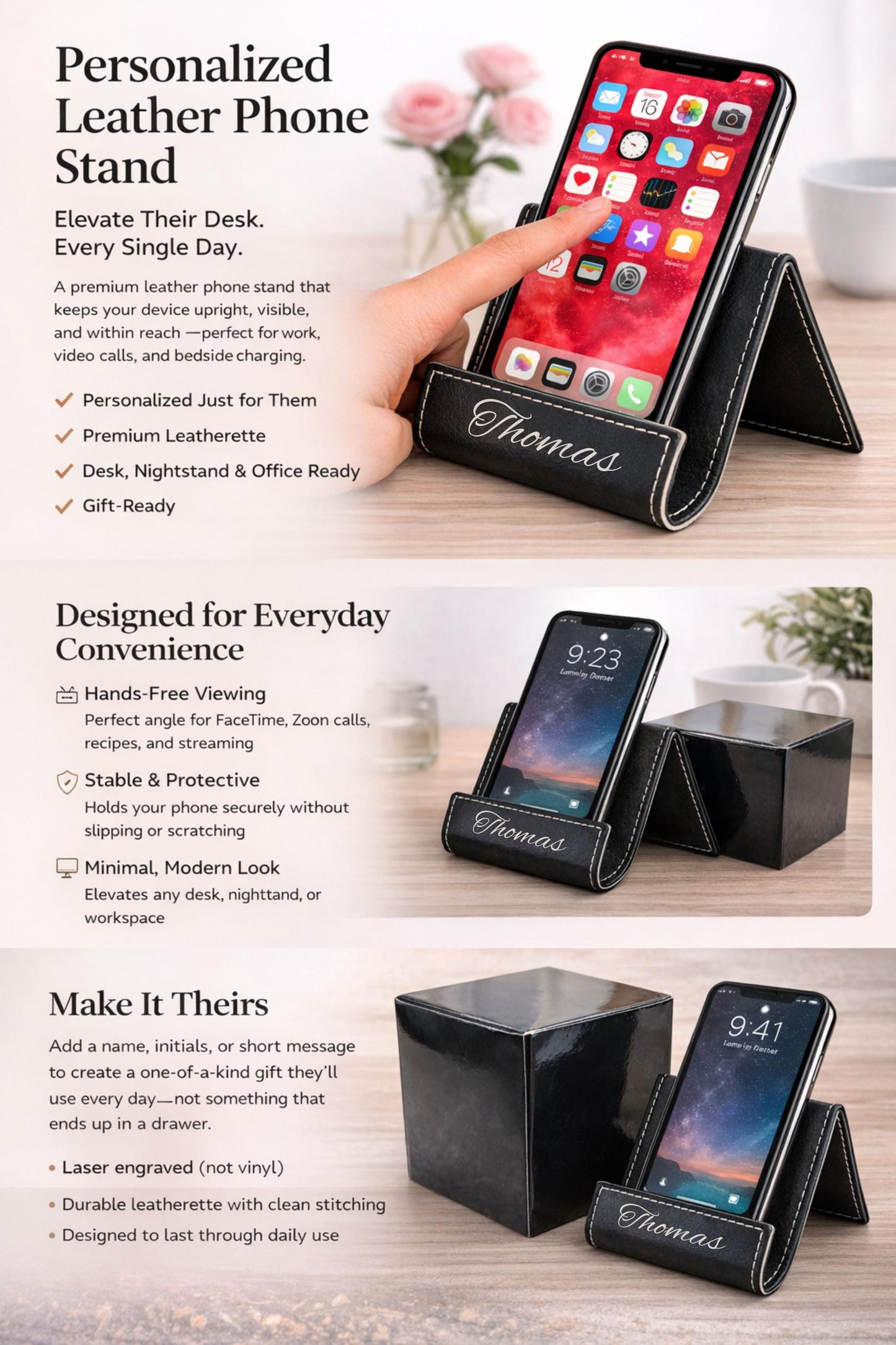 Personalized Leather Phone Stand - close-up of the custom engraving