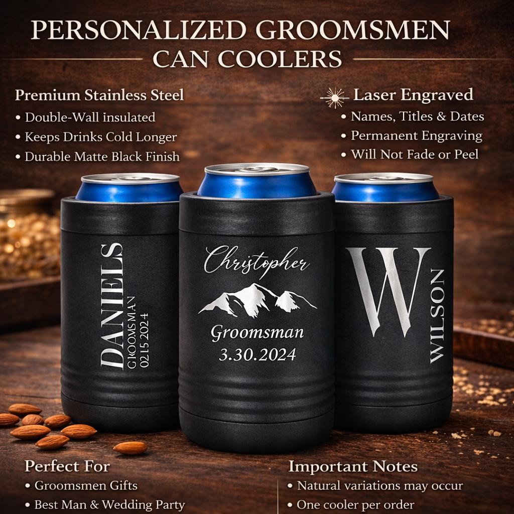 Personalized Metal Can Cooler - close-up of the custom engraving