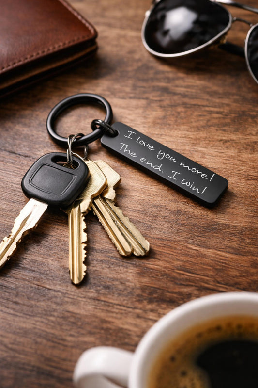 Drive Safe Keychain Gift - close-up of the custom engraving