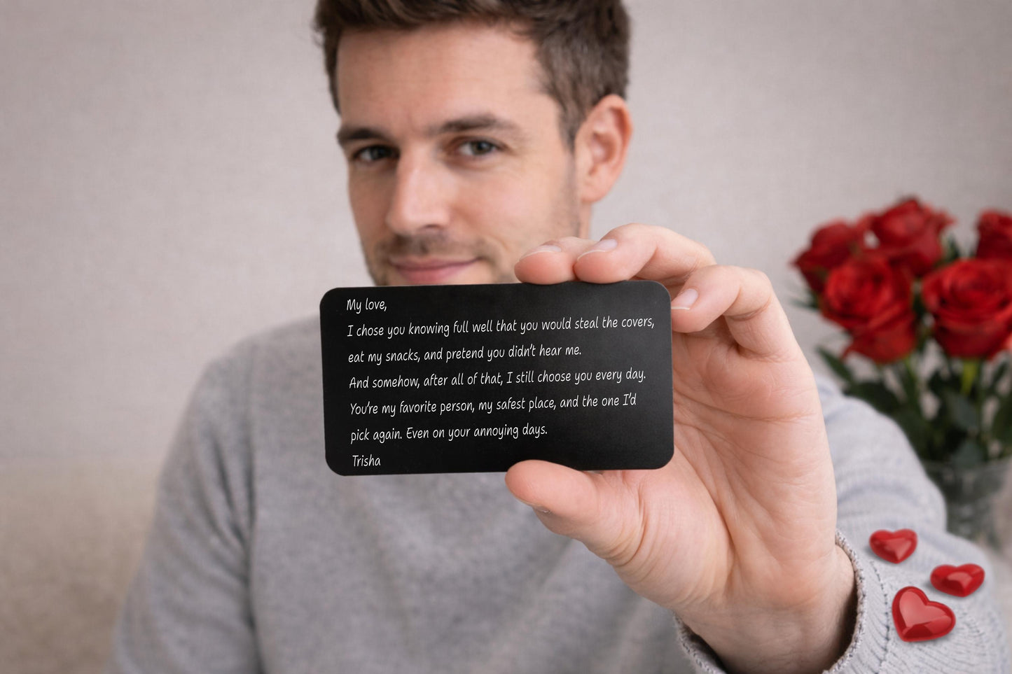 Personalized Engraved Wallet Card for Him - close-up of the custom engraving