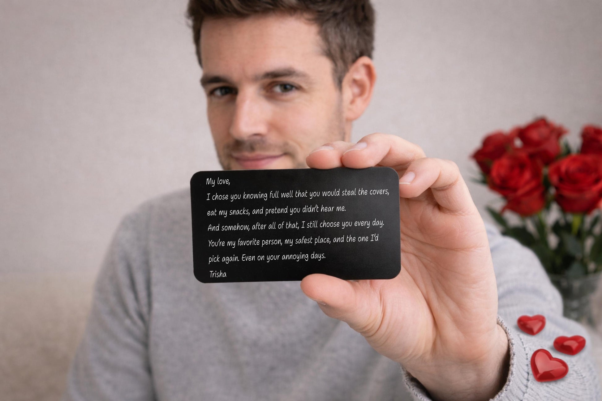 Personalized Engraved Wallet Card for Him - close-up of the custom engraving
