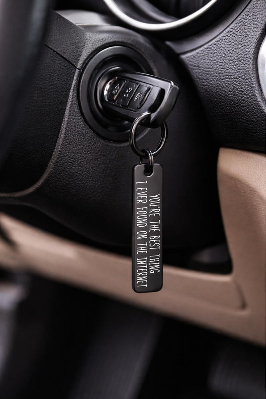 "Best Thing I Found Online" Engraved Keychain – Couples Gift - close-up of the custom engraving