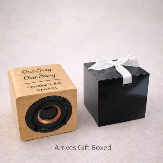 Personalized Wooden Bluetooth Speaker for Couples - close-up of the custom engraving