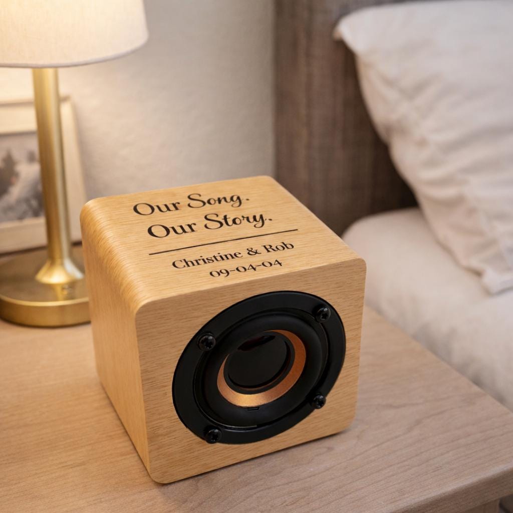 Personalized Wooden Bluetooth Speaker for Couples - close-up of the custom engraving