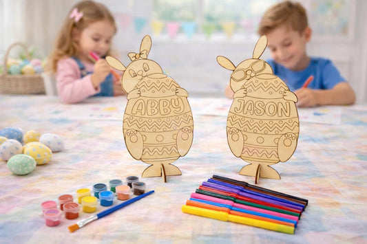 Personalized Easter Bunny Paint Kit for Kids with Stand - close-up of the custom engraving