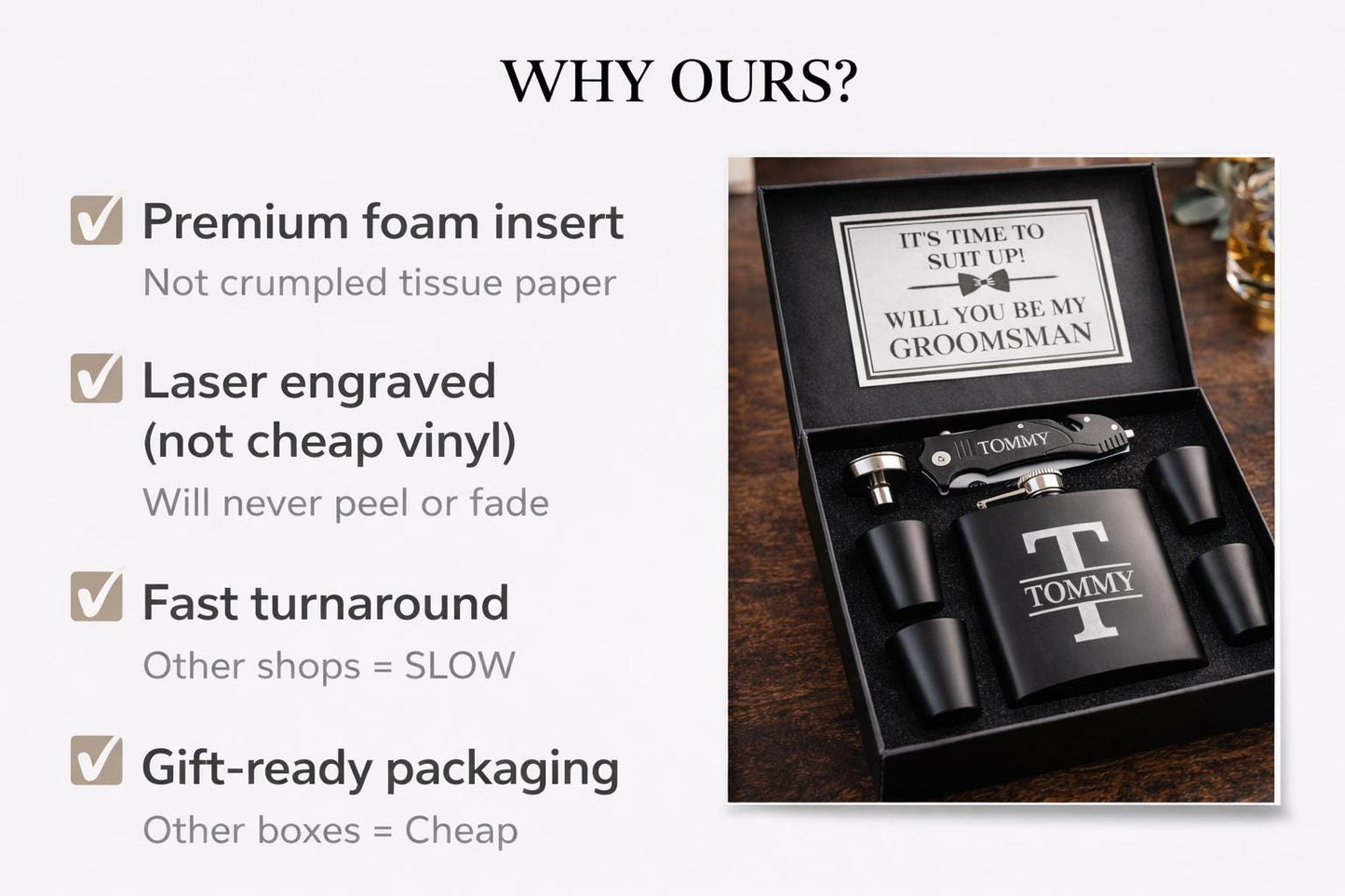 Groomsmen Proposal Gift Set - personalized engraved gift, family-made in Long Island