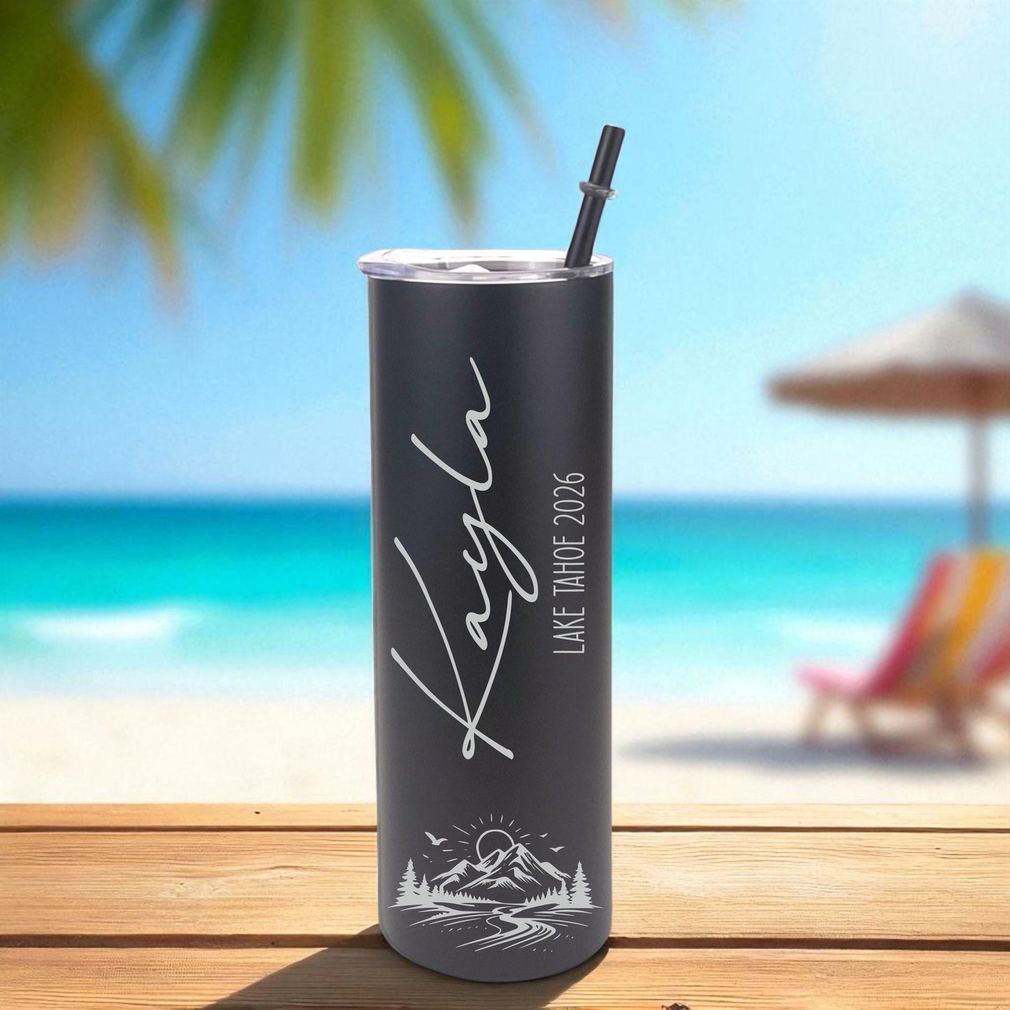 Beach Trip Tumblers with Name - close-up of the custom engraving