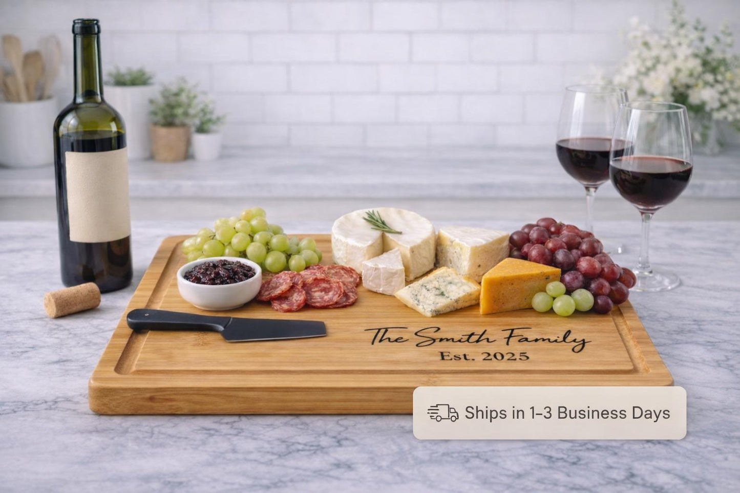 Personalized Wedding Cutting Board - close-up of the custom engraving