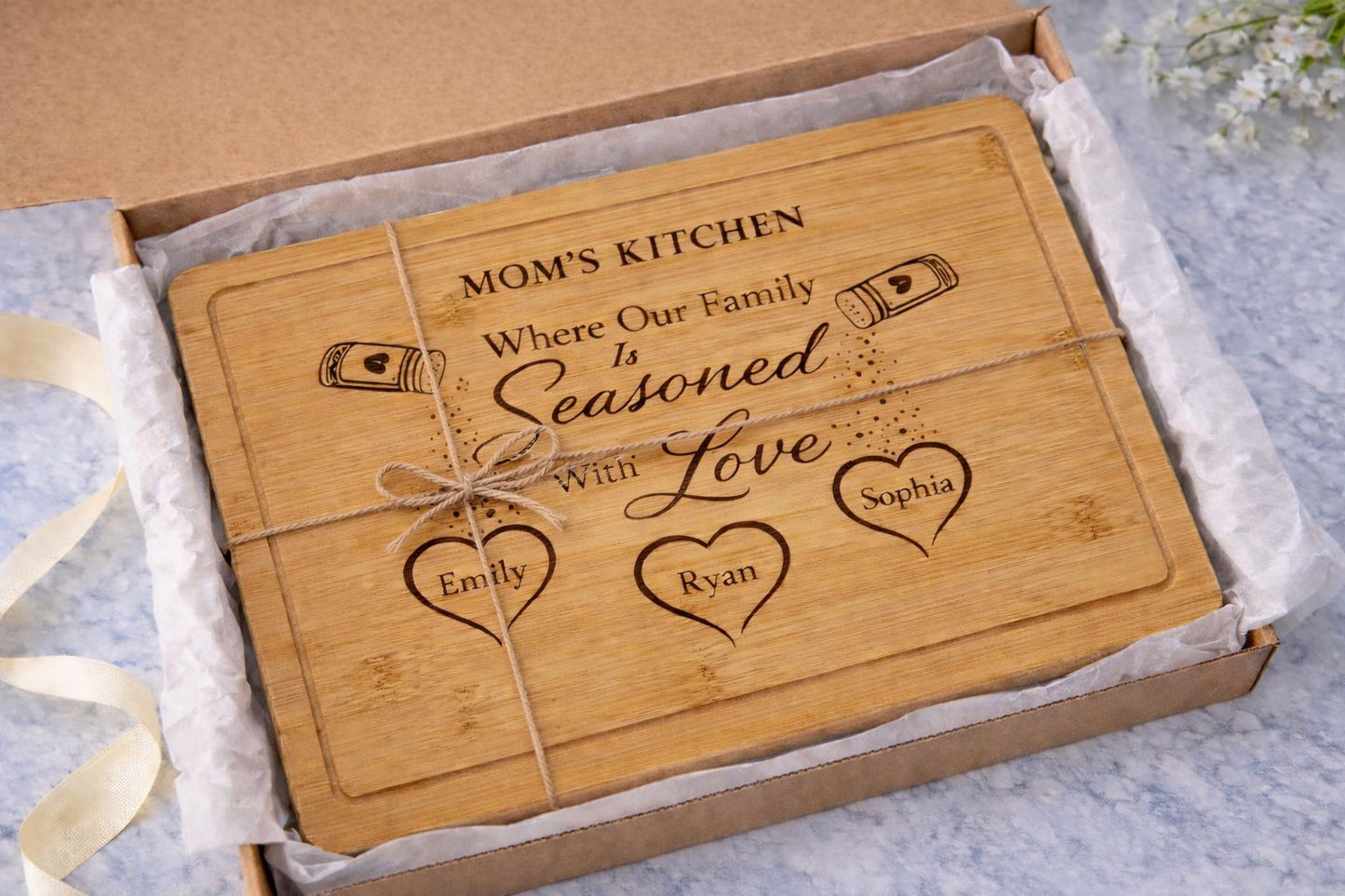 Personalized Mom Cutting Board - close-up of the custom engraving