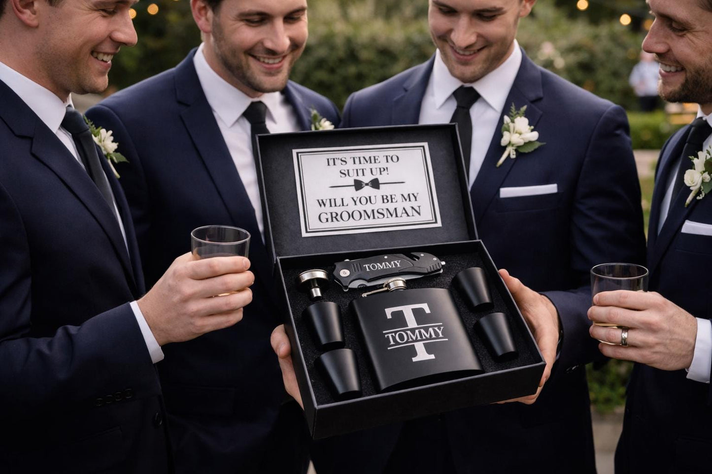 Groomsmen Proposal Gift Set, Personalized Flask set and Knife, Custom Gift Box for Best Man, Ushers & Groomsmen