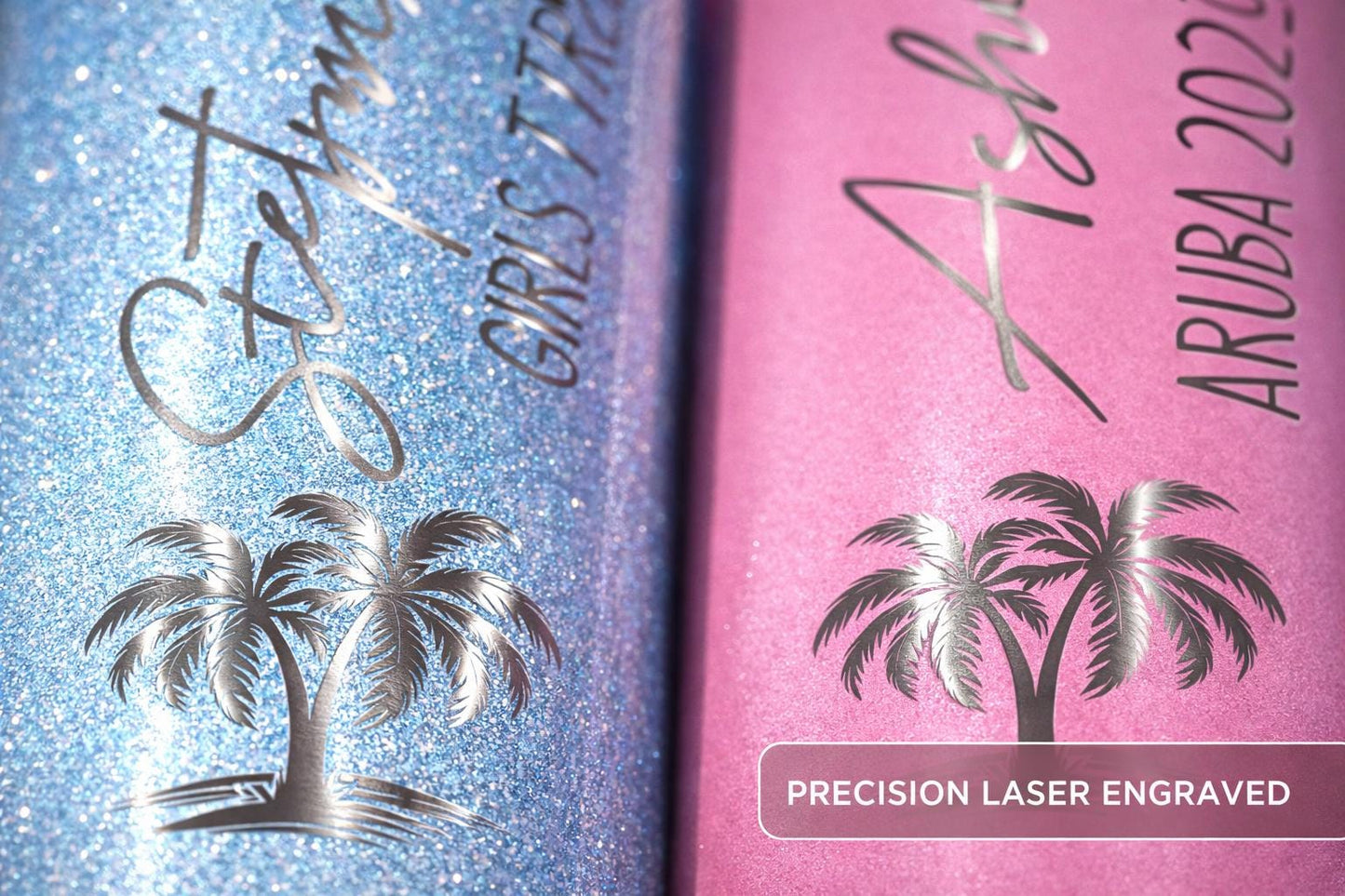 Beach Trip Tumblers with Name - close-up of the custom engraving