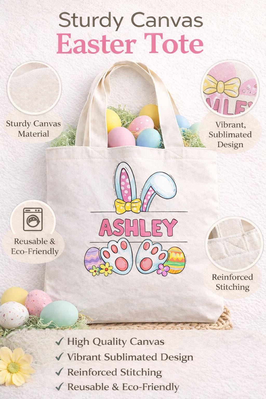 Personalized Easter Bunny Tote Bag with Name - close-up of the custom engraving
