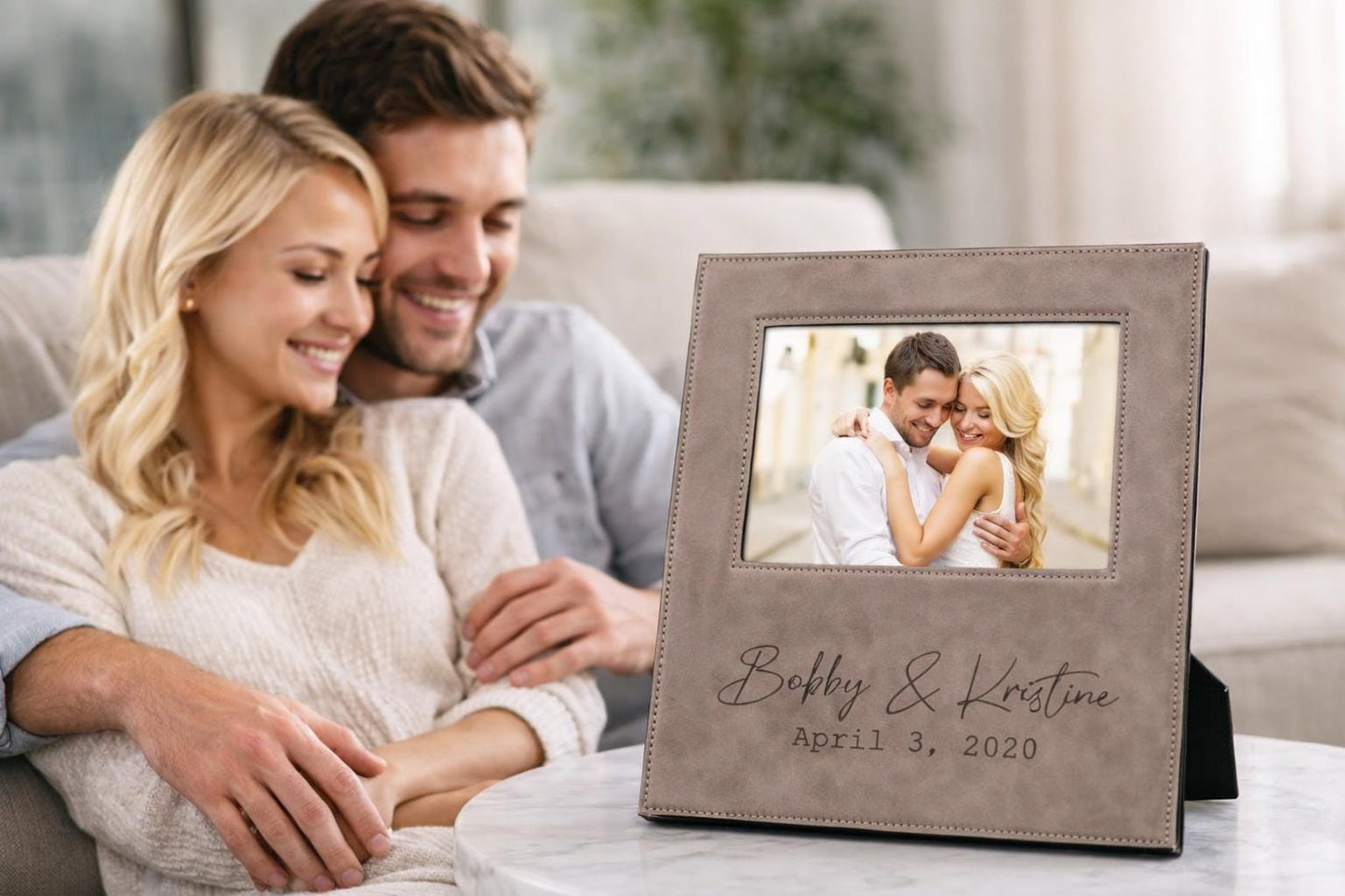 Personalized Anniversary Picture Frame - close-up of the custom engraving