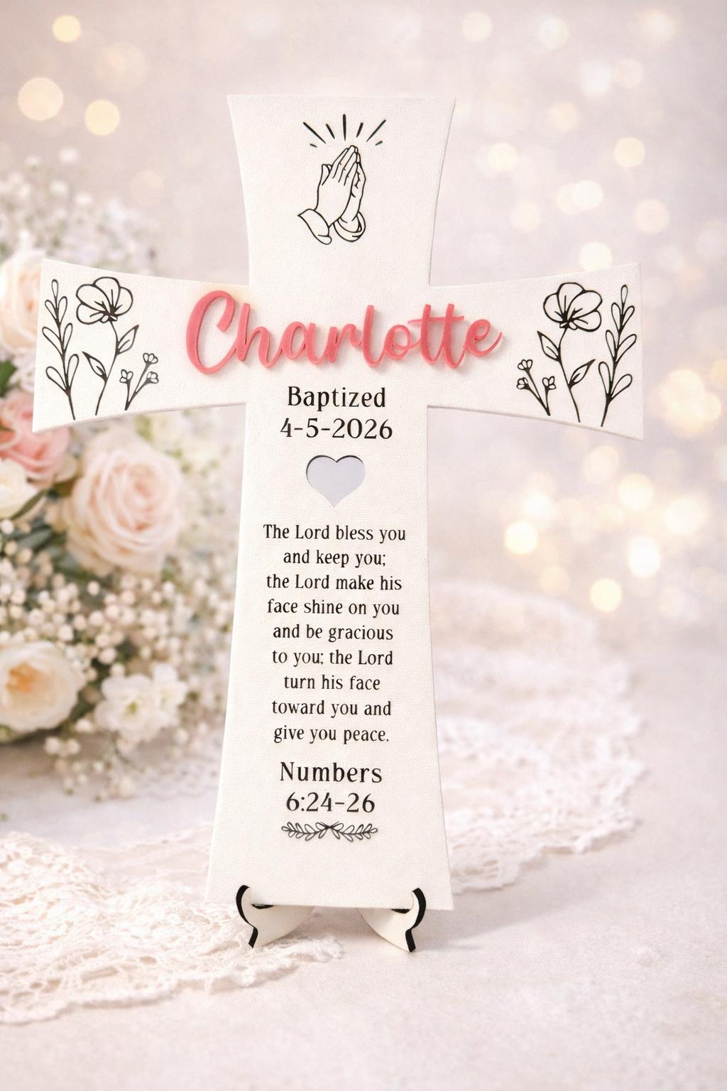Personalized Baptism Cross for Baby Girl - close-up of the custom engraving