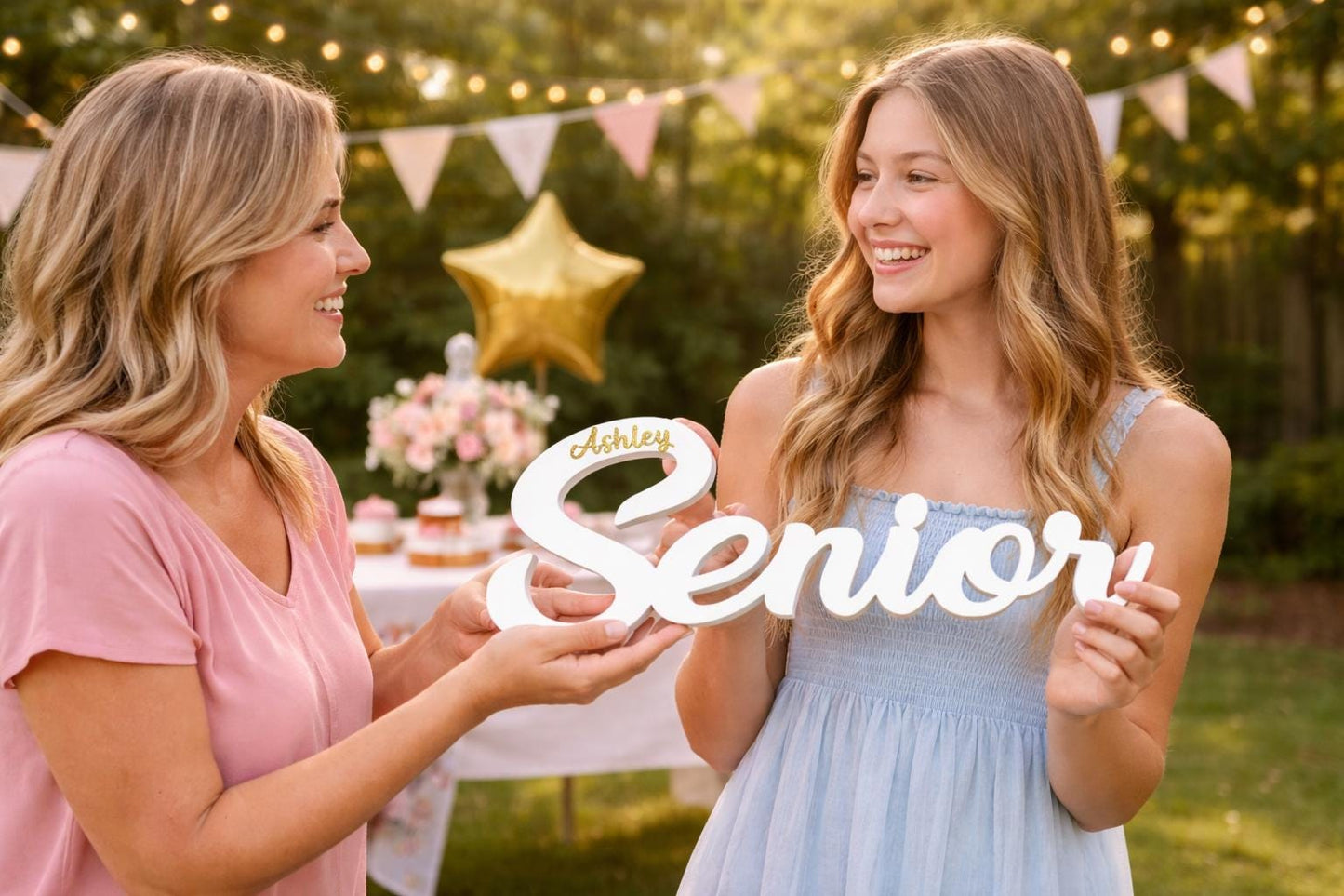 Senior Photo Prop with Name - close-up of the custom engraving