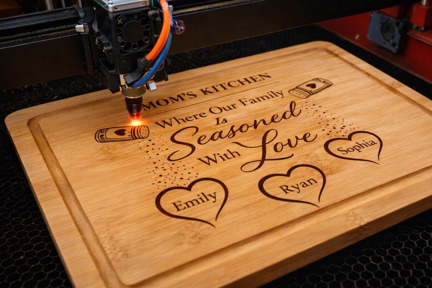Personalized Mom Cutting Board - close-up of the custom engraving