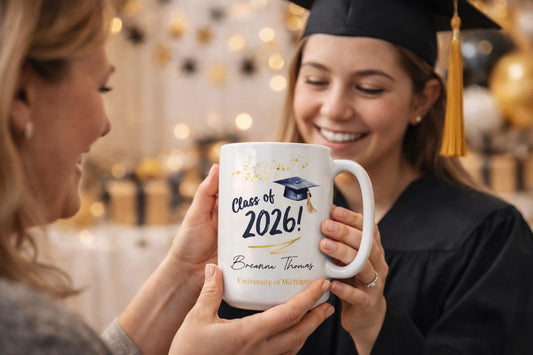 Custom Graduation Mug with Name & School - close-up of the custom engraving