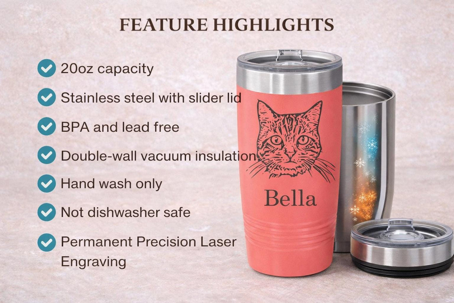 Personalized Cat Tumbler Gift - close-up of the custom engraving