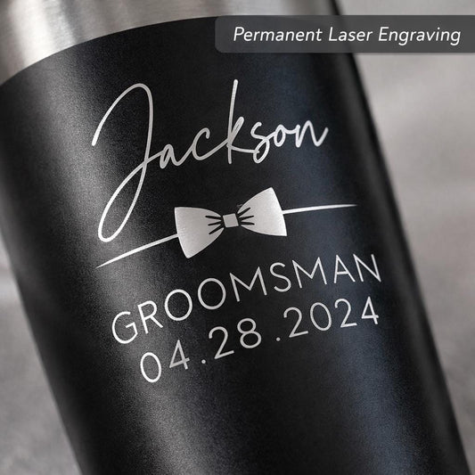Personalized Groomsmen Tumbler - close-up of the custom engraving