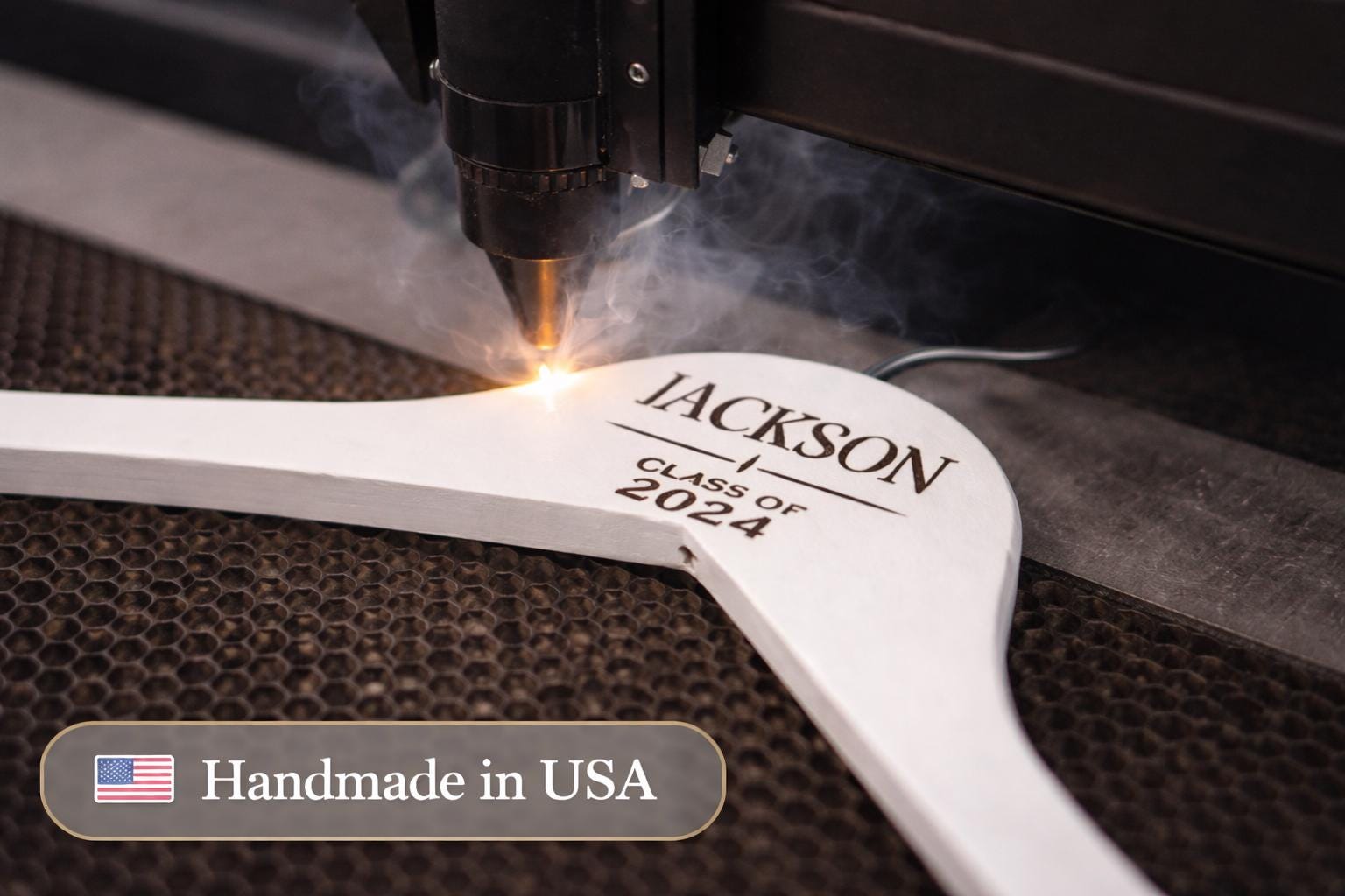 Personalized Graduation Cap & Gown Hanger - close-up of the custom engraving