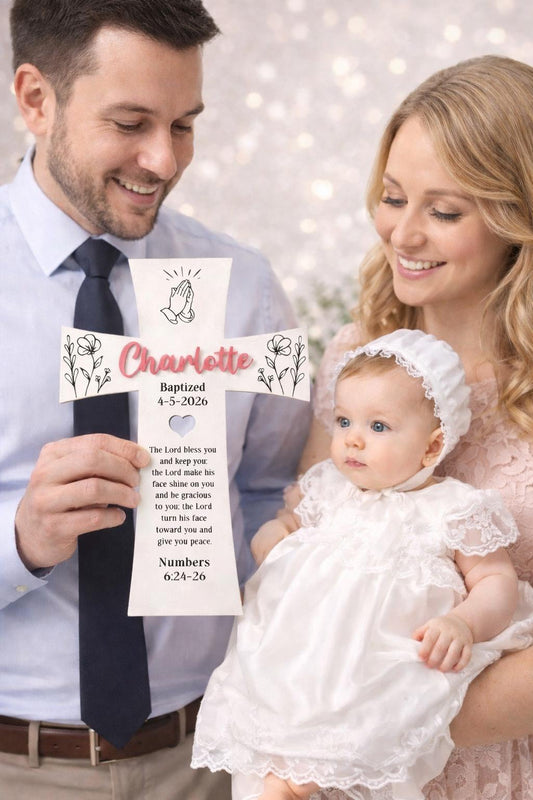 Personalized Baptism Cross for Baby Girl - close-up of the custom engraving