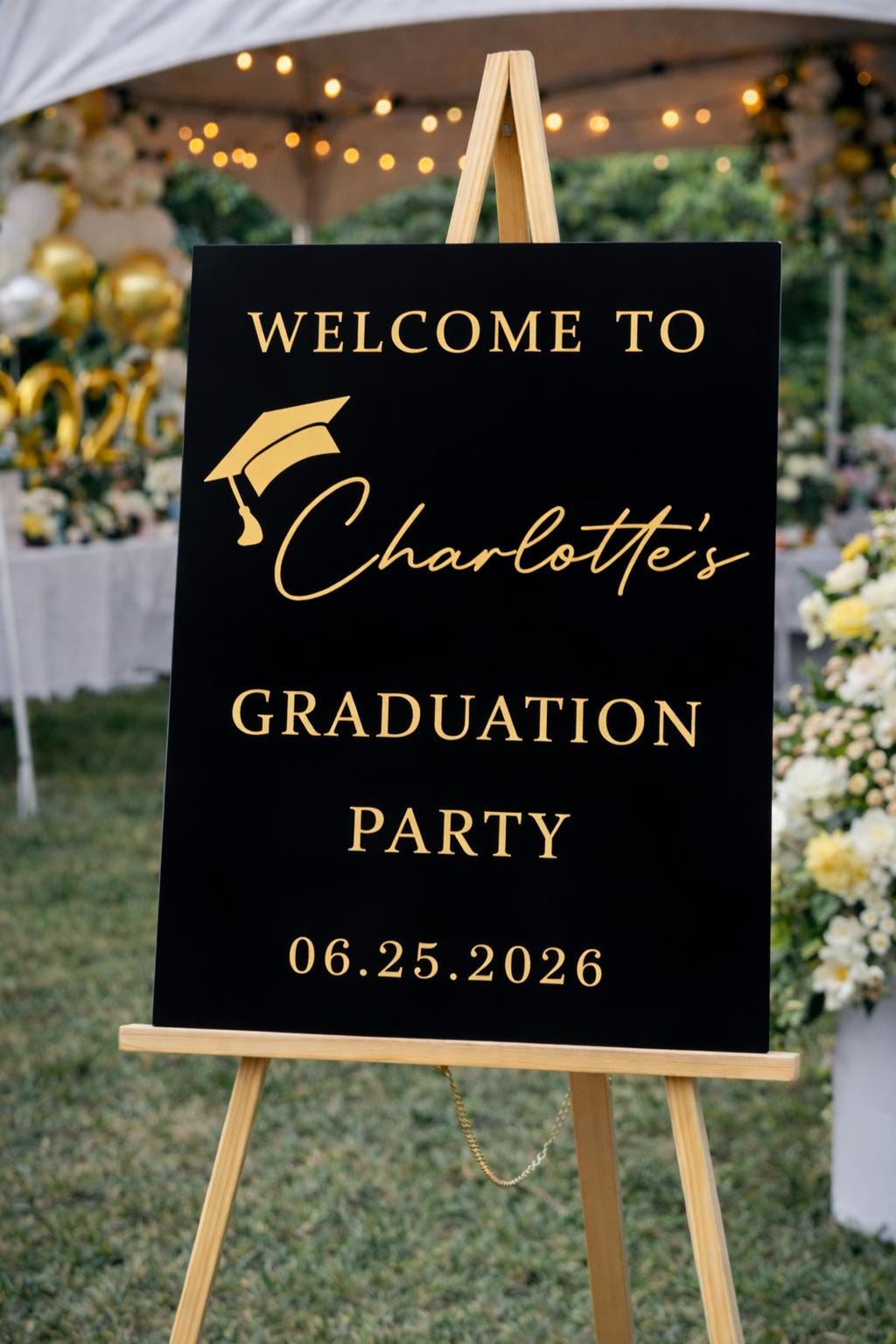 Graduation Welcome Sign with Name - close-up of the custom engraving