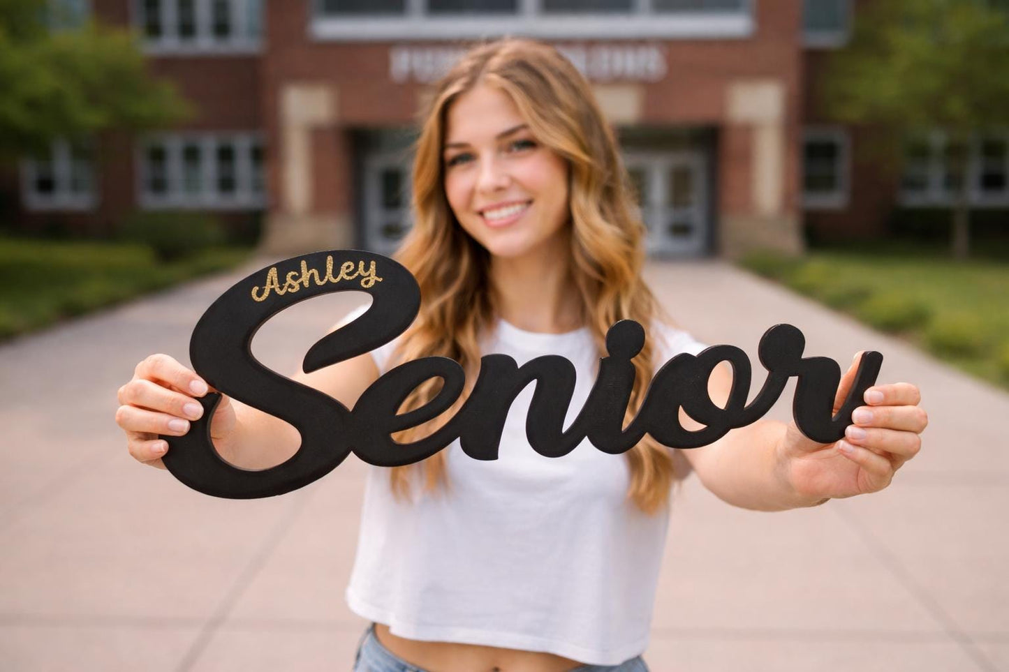 Senior Photo Prop with Name - close-up of the custom engraving
