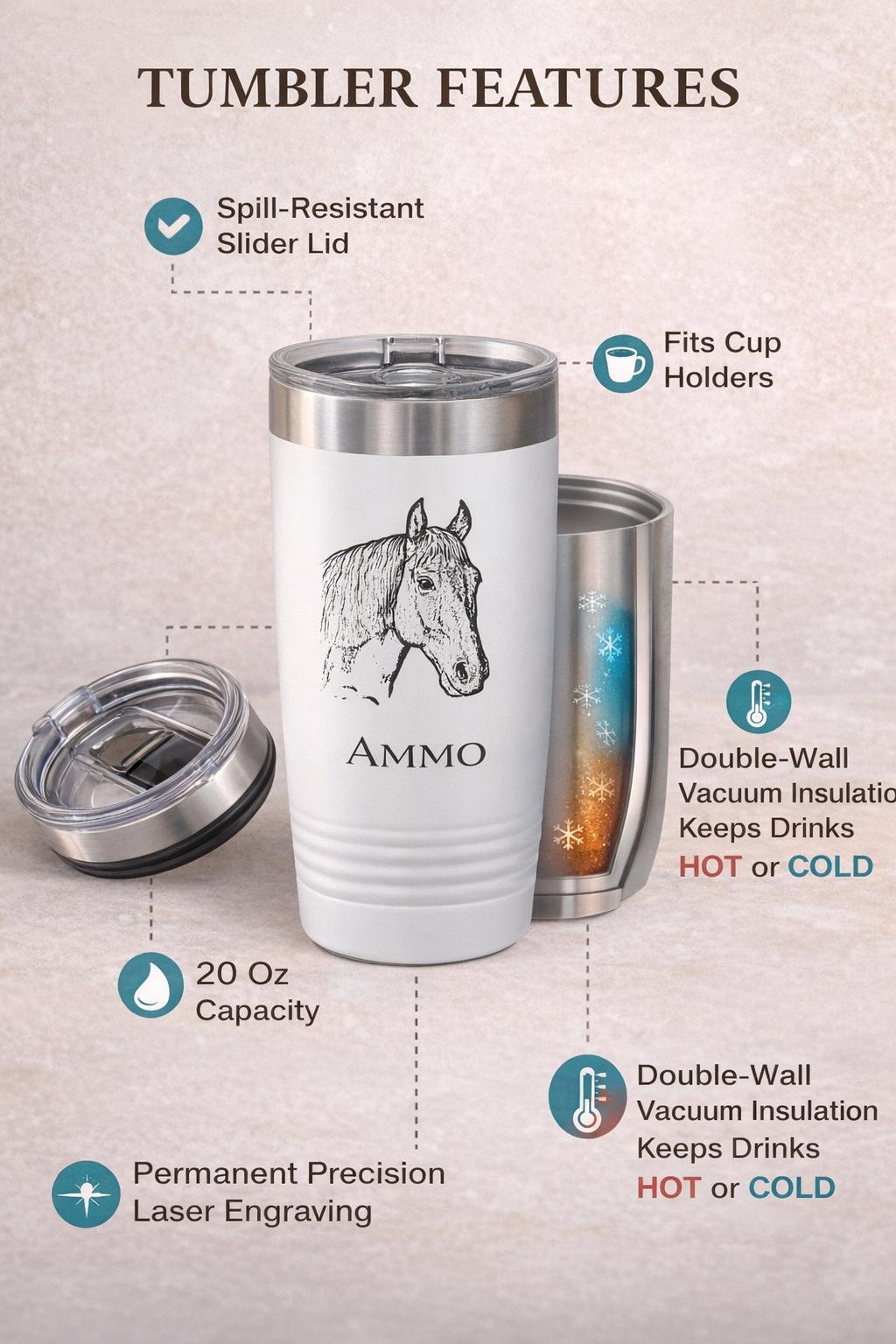 My Horse Custom Tumbler - close-up of the custom engraving