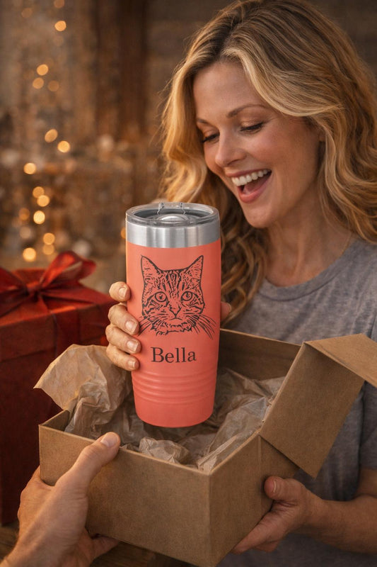 Personalized Cat Tumbler Gift - close-up of the custom engraving