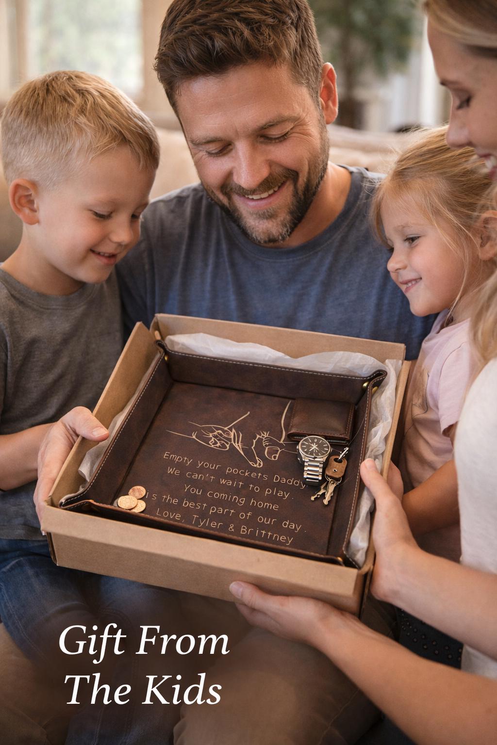 Personalized Valet Tray for Dad - close-up of the custom engraving