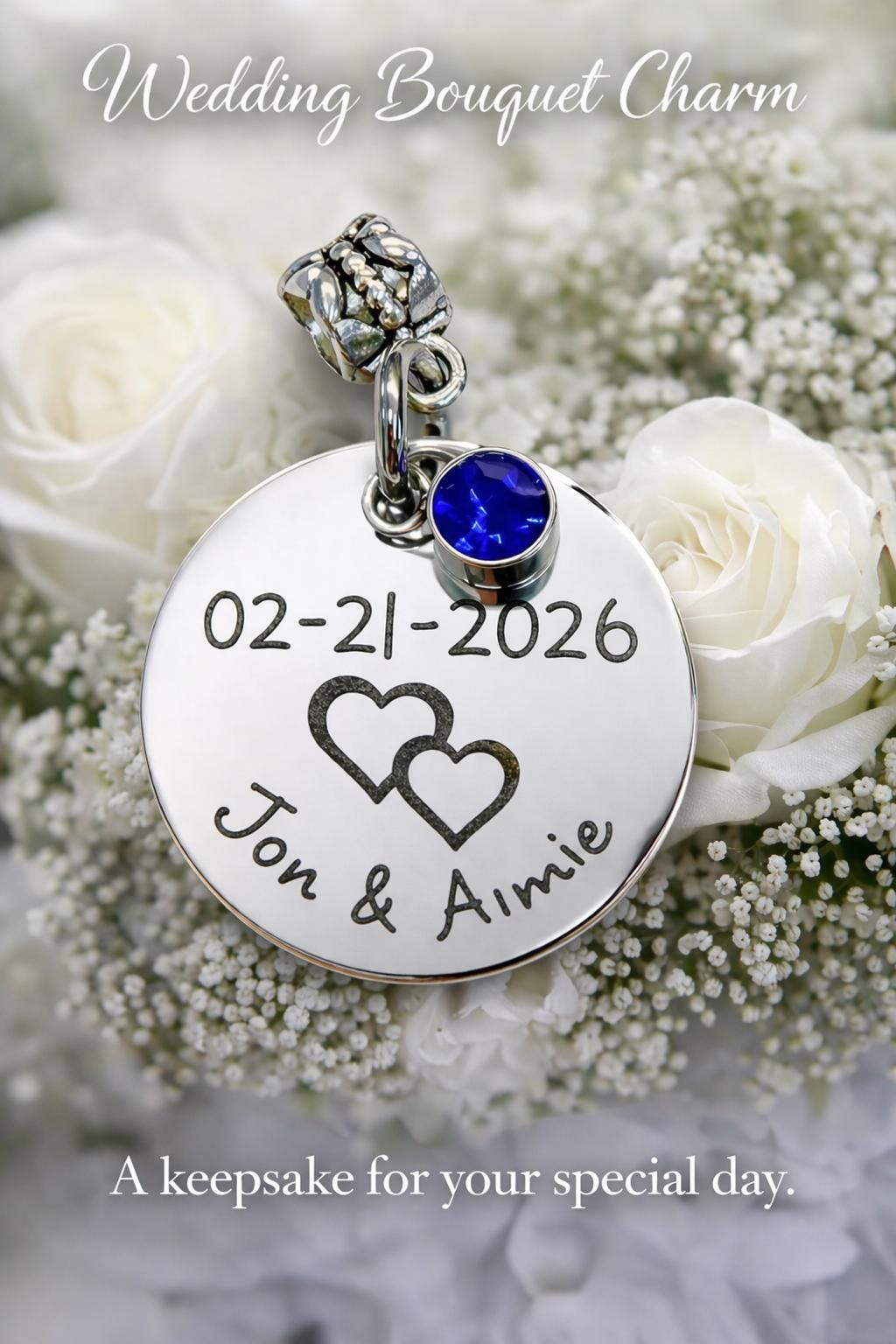 Something Blue Wedding Charm - close-up of the custom engraving