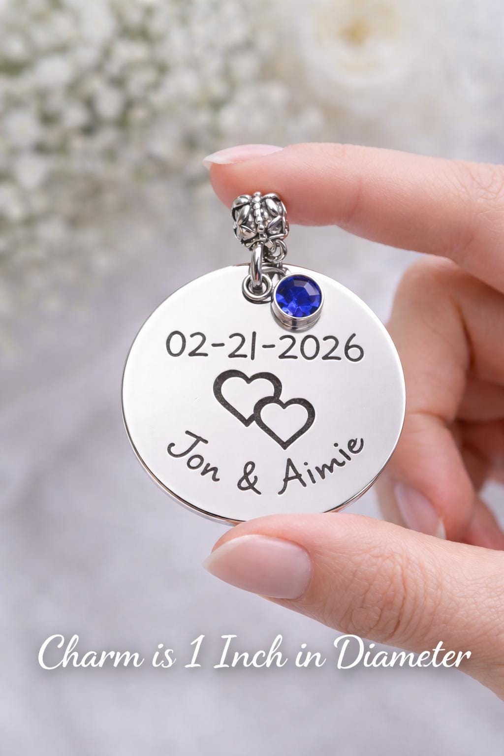 Personalized Wedding Bouquet Charm - close-up of the custom engraving