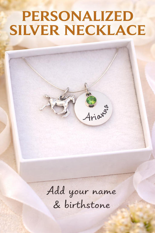 Personalized Horse Necklace with Name - close-up of the custom engraving