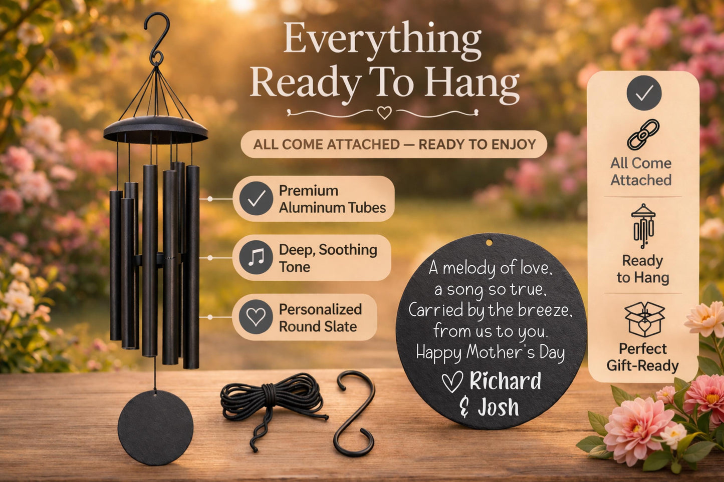 Personalized Wind Chime for Mom - close-up of the custom engraving